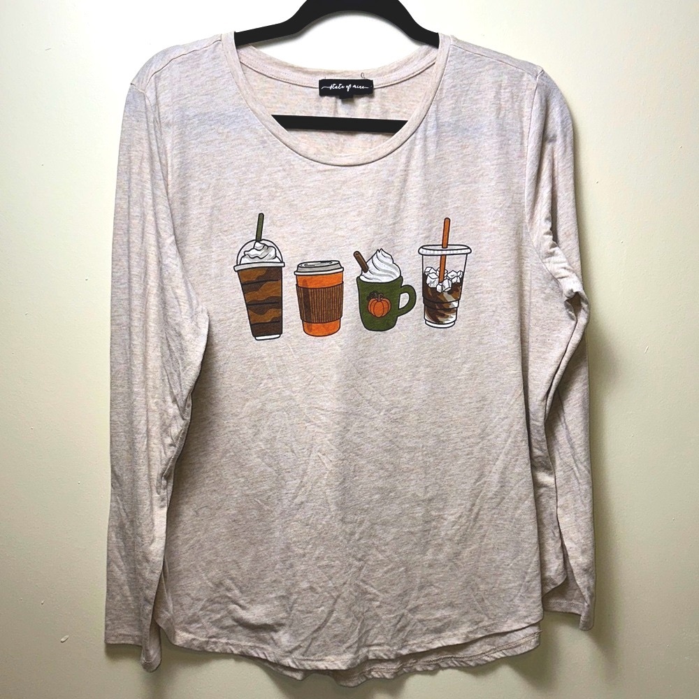 Cream Long Sleeve Shirt with Coffee Graphic Size XL